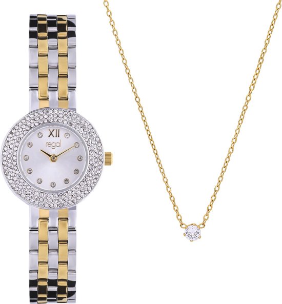 Lucardi - Dames Regal cadeauset horloge met gratis collier bicolor - Cadeau Set - Alloy - Zilver- en goudkleurig