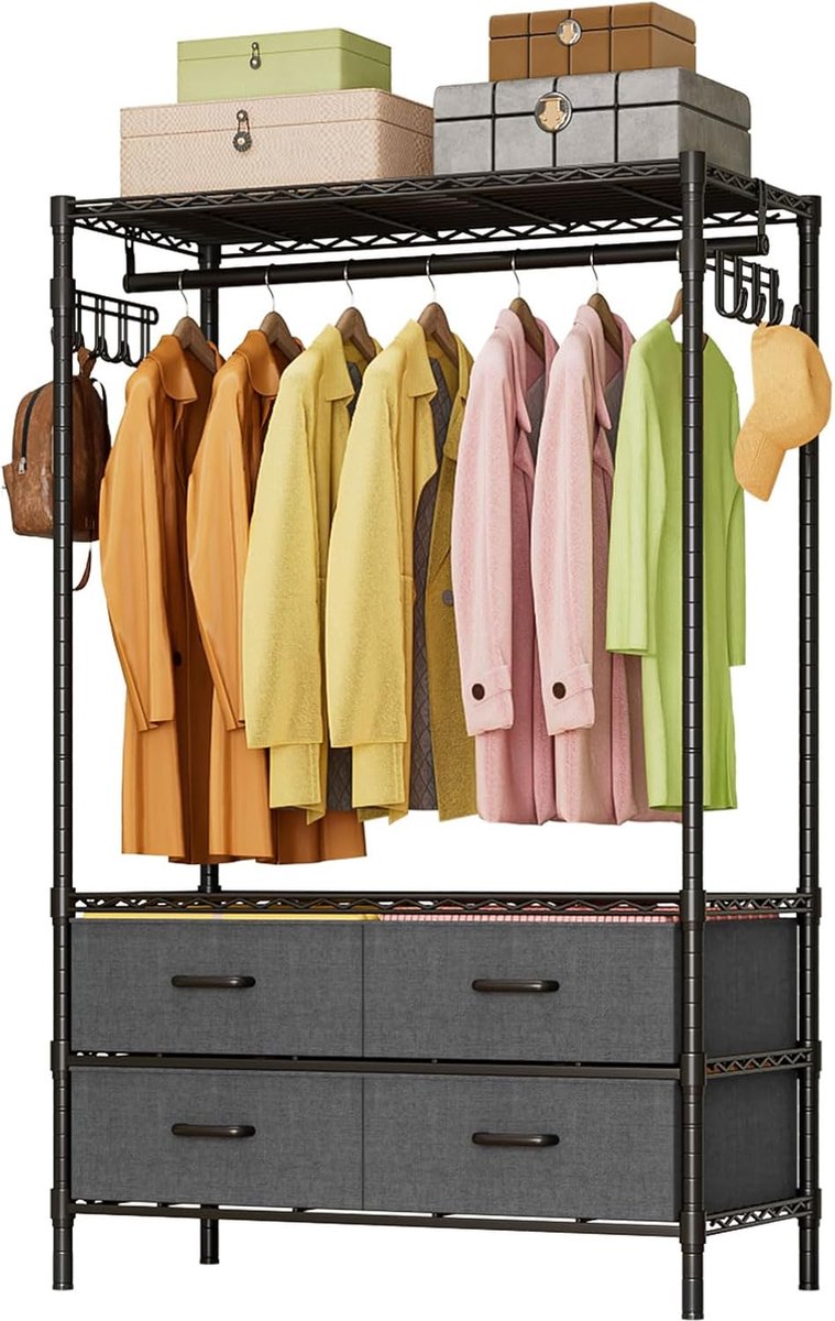 JGS ® Kledingrek met Stoffen Laden en Multifunctionele Opbergruimte, Zwart, 90 x 40 x 180 cm