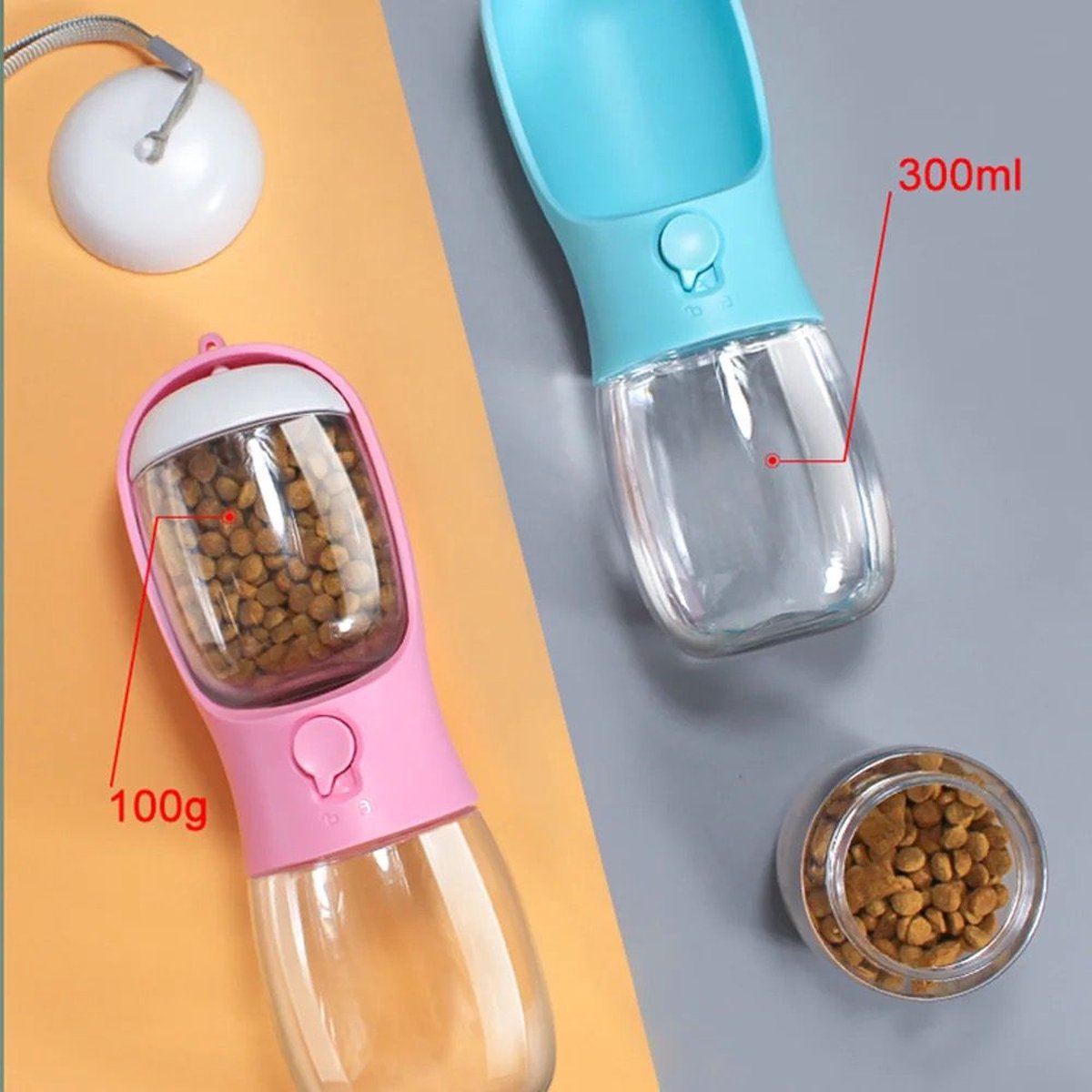 Bol.com Honden/Katten Waterfles 300ml - 2 in 1 - Voeropslag 100gram - Draagbare Honden/Katten Drinkfles - Polsband - Honden Voer... aanbieding