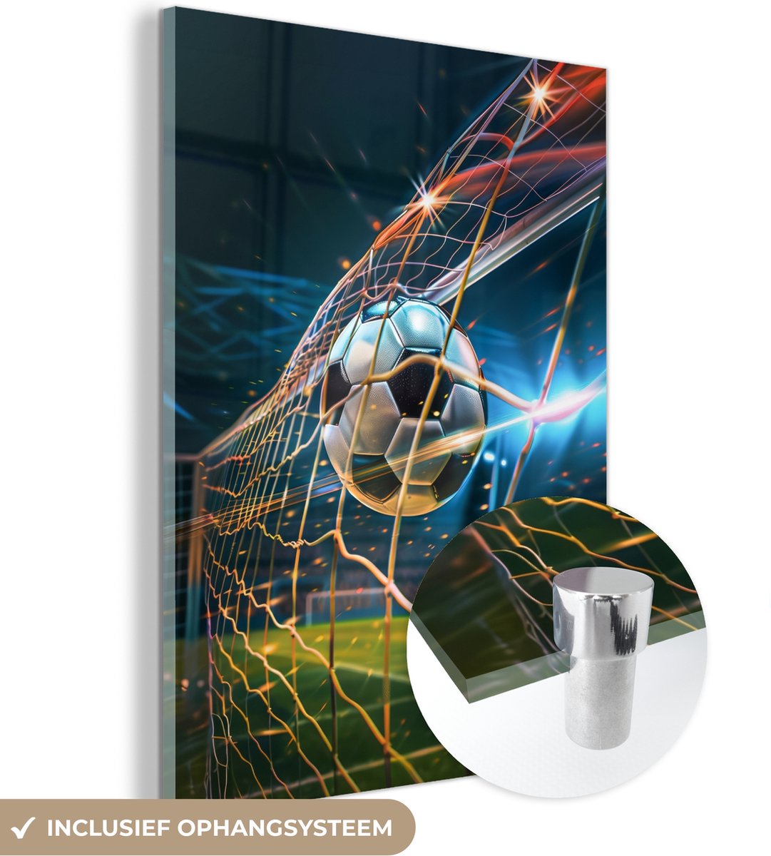 MuchoWow® Glasschilderij 90x120 cm - Schilderij acrylglas - Voetbal - Goal - Sport - Jongens - Foto op glas - Muurdecoratie woonkamer - Wanddecoratie slaapkamer - Schilderijen