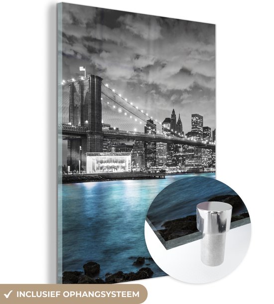 MuchoWow® Tableau sur verre 90x120 cm - Tableau sur verre acrylique - New York - Skyline - Ville - Blauw - Photo sur verre - Décoration murale salon - Décoration murale chambre - Peintures