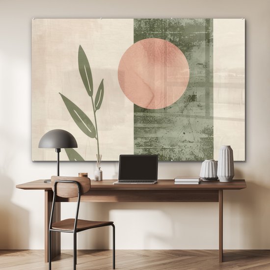 MuchoWow® Glasschilderij 150x100 cm - Schilderij acrylglas - Geometrisch - Roze - Groen - Natuur - Foto op glas - Muurdecoratie woonkamer - Wanddecoratie slaapkamer - Schilderijen
