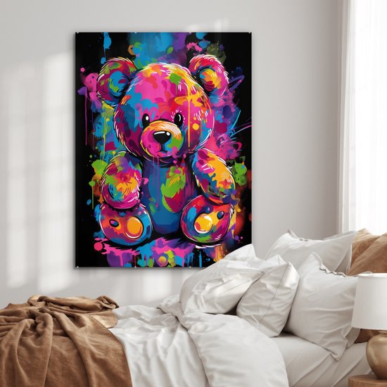 MuchoWow® Glasschilderij 90x120 cm - Schilderij acrylglas - Beer - Verf - Kleurrijk - Knuffeldier - Foto op glas - Muurdecoratie woonkamer - Wanddecoratie slaapkamer - Schilderijen