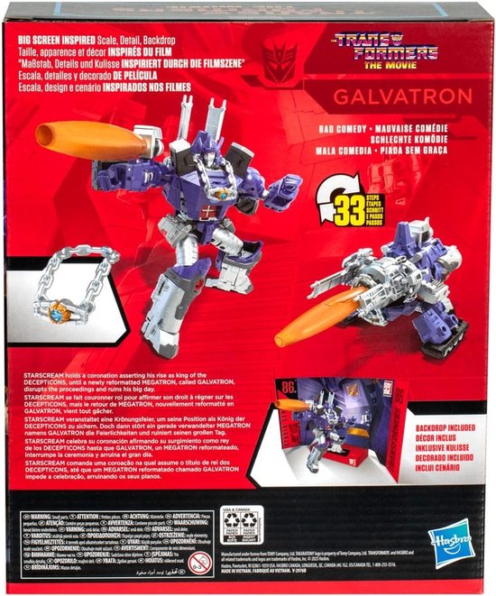 Achterkant van de Galvatron doos: actiefiguur met oranje kanon, losse ketting en kanon. Andere afbeeldingen tonen de robot in een diorama.