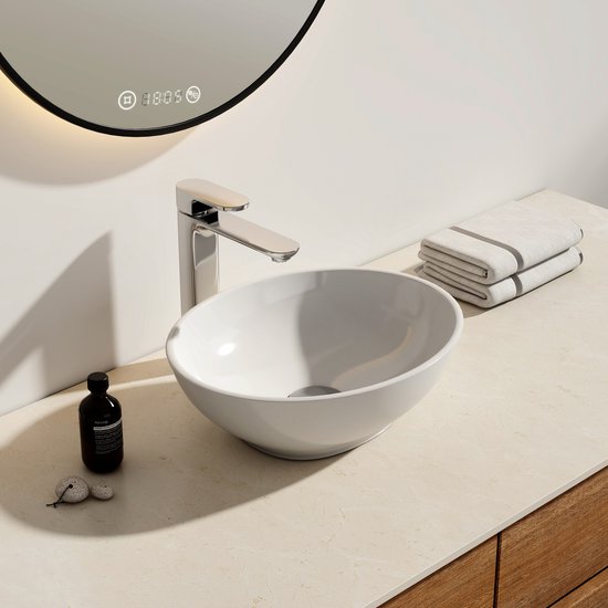 EMKE Vasque à Poser Ovale - Céramique - Wit Brillant - 41,5x33,5x13 cm - Lavabo de Salle de Bain