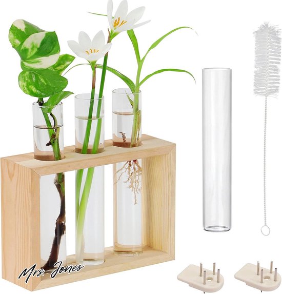 HYLYING 3 gelaagde muur opknoping plantenbak terrarium met houten standaard, plantenkweekstation indoor hangende reageerbuisvaas voor hydrocultuur planten snijden woondecoratie