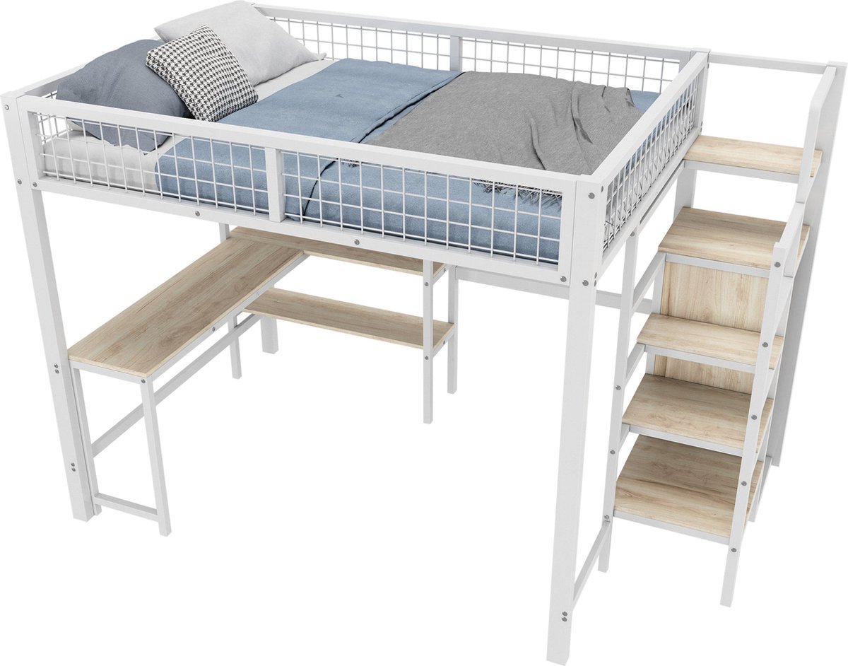 Merax Hoogslaper 140x200 cm met Bureau - Bed met Kast en Planken - Wit Metaal en MDF - Zonder Matras