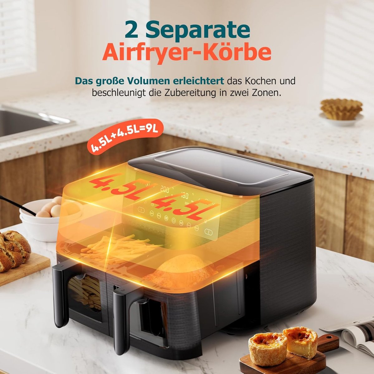 Afbeelding 2 van Cookwise Dual Zone Air Fryer 2 Lades - Heteluchtfriteuse met Kijkvenster - 9-In-1 Kookmogelijkheden - Zwart