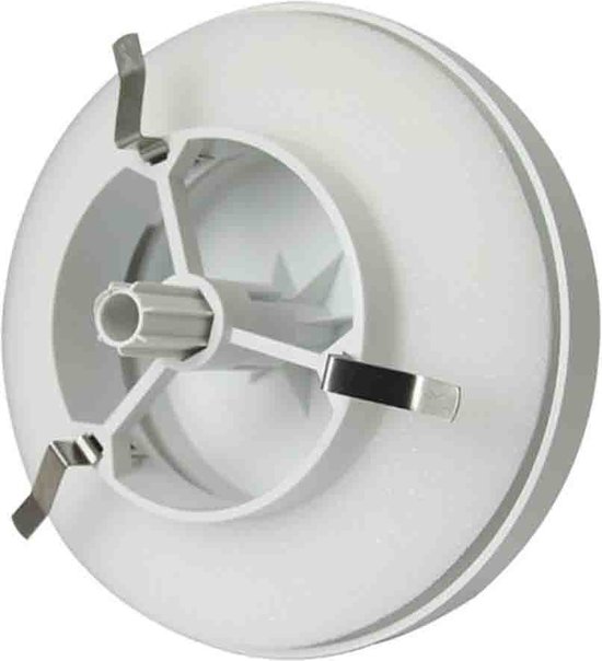 Witte ronde ventilator, achterkant met kunststof middenstuk en metalen klemmen.