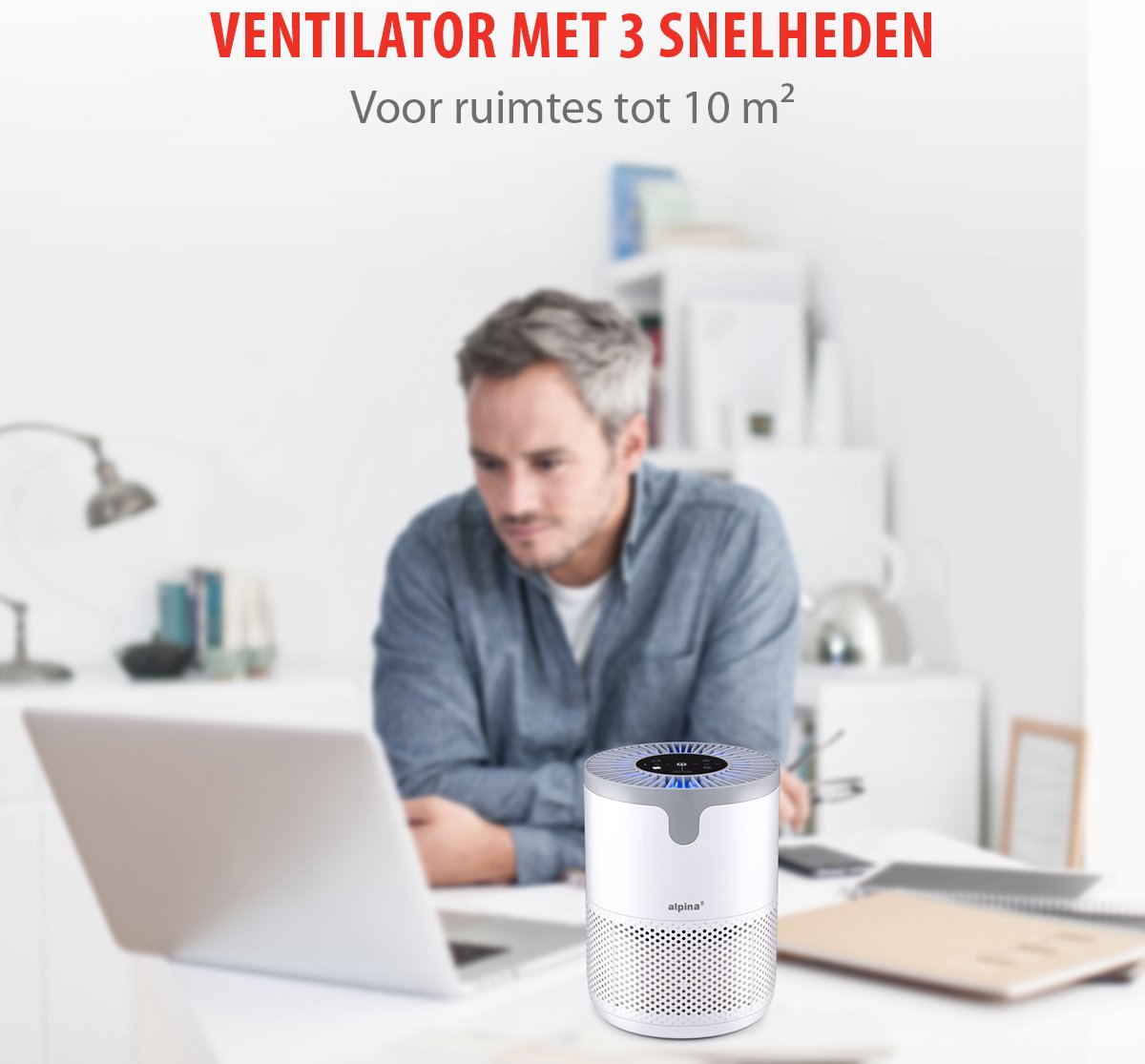 alpina Luchtreiniger met HEPA Filter H13 - Air Purifier met Ionisator voor Ruimtes 5-10 m2 - Lucht Reiniger 60 m³/h - Air Cleaner met 3 Snelheden - 230V/12W - Wit — afbeelding 3