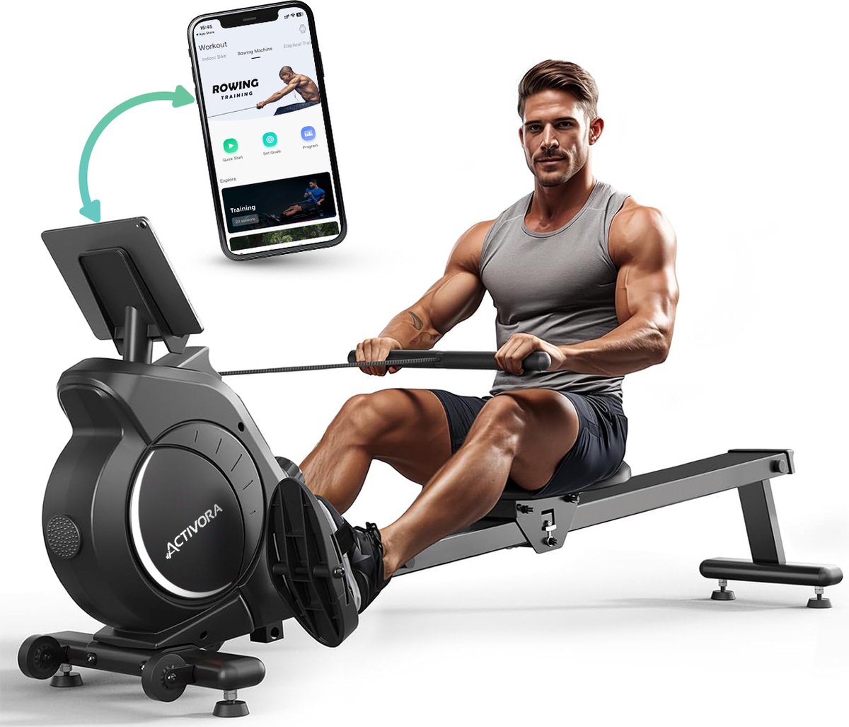 Activora Roeitrainer - Inclusief App - 16 weerstandsniveaus - Magnetisch weerstandsysteem - Roeitrainers - Roeimachine - Roeiapparaat - Hometrainer - Stilte systeem