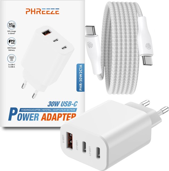 30W USB C Snellader met 2m USB C Kabel, Super Fast Charge, 3 Poorten, Geschikt voor Samsung S24 S23 S22 iPhone 16 Pro Max