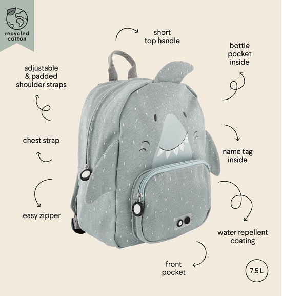Trixie Rugzak - Mr. Shark - Schooltas Waterafstotend - Boekentas voor Kind - Voor Jongens en Meisjes - Geschikt als Gymtas - Grijs - Haai