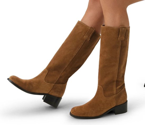 Manfield Dames Cognac suède hoge laarzen Maat 36 bol