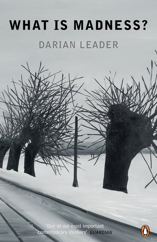 Boekcover met de titel 'WHAT IS MADNESS?' door DARIAN LEADER. De cover is monochroom en toont een surrealistisch landschap met kale bomen.