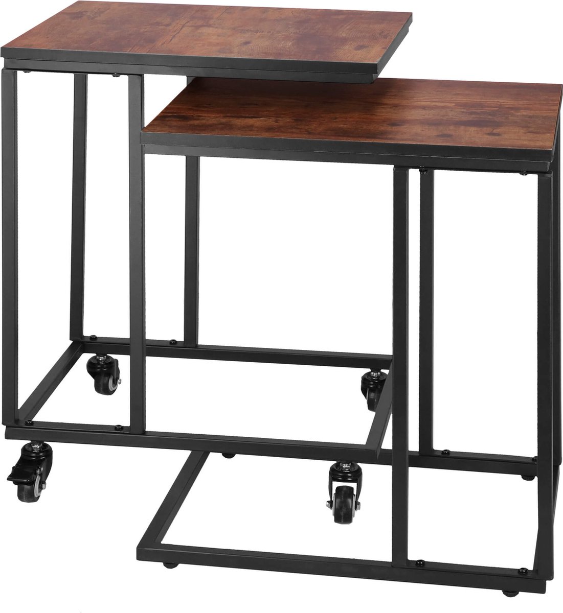 springos Bijzettafel Op wielen | Rechthoek | Bijzettafel | 2 Stuks | Zwart/Bruin