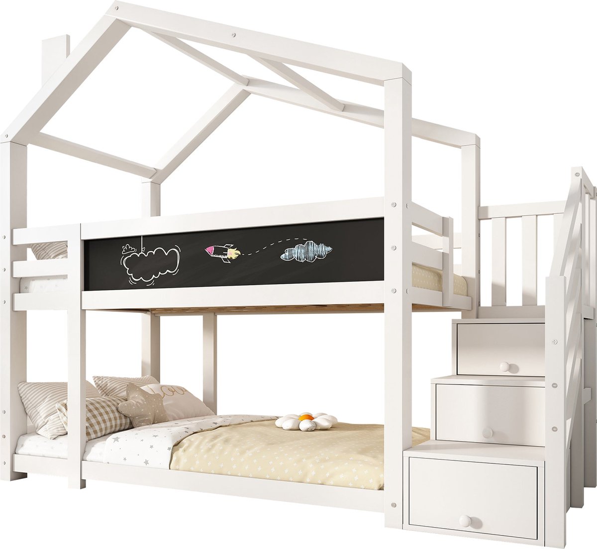Merax Stapelbed in Huisvorm 90x200 cm - Kinderbed met Schoorsteen en Opbergruimte - Krijtb