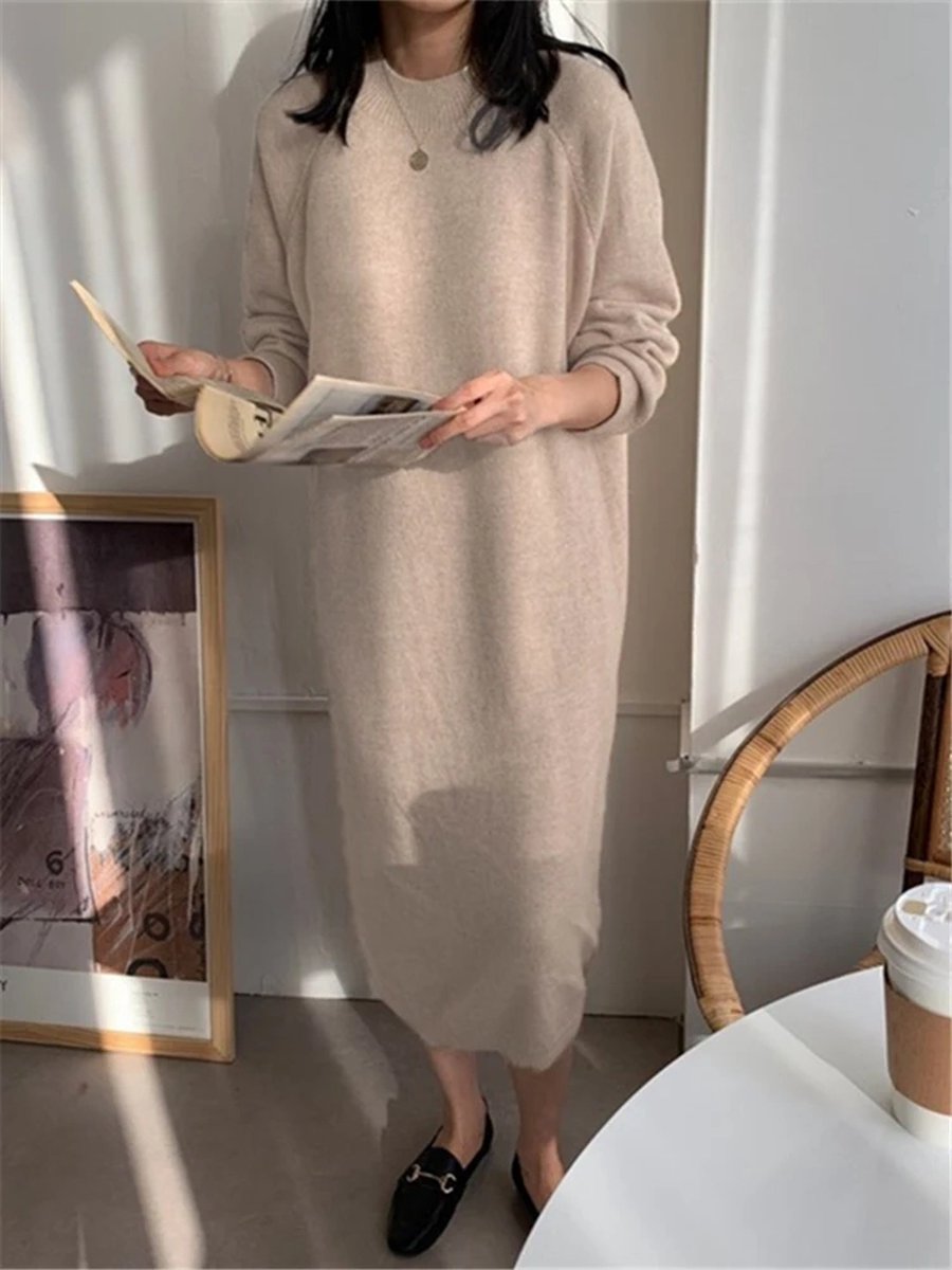 Zeagoo Damesjurk met lange mouwen, herfst, A-lijn, pofmouwen, elegante gebreide jurk, knielang, met zakken, herfst en winter, S-XXL, Kaki, M