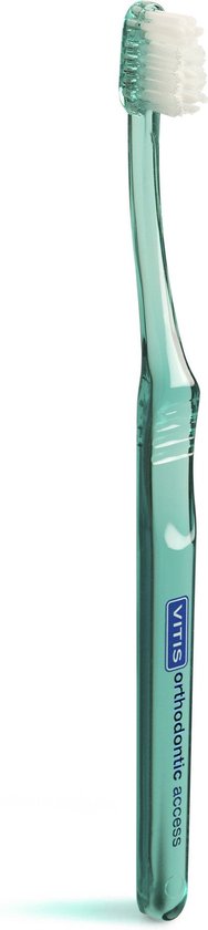 Turquoise Vitis orthodontic tandenborstel, doorzichtig handvat met witte borstelharen.