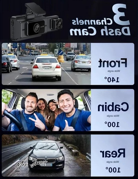 TKMARS Dasch-Cam Auto WiFi dashcam auto met front-, achter- en zijcamera, 3 groothoek-nachtzicht- en ir-camera's 140°/100°/100°, parkeermonitor, bewegingsbewaking, zwaartekrachtsensor, loop-opname