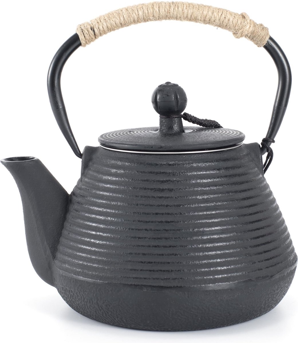 La'Moussawi ® Gietijzeren Theepot met Theezeef en Warmhouder voor Theeceremonies, 600 ml, Zwart