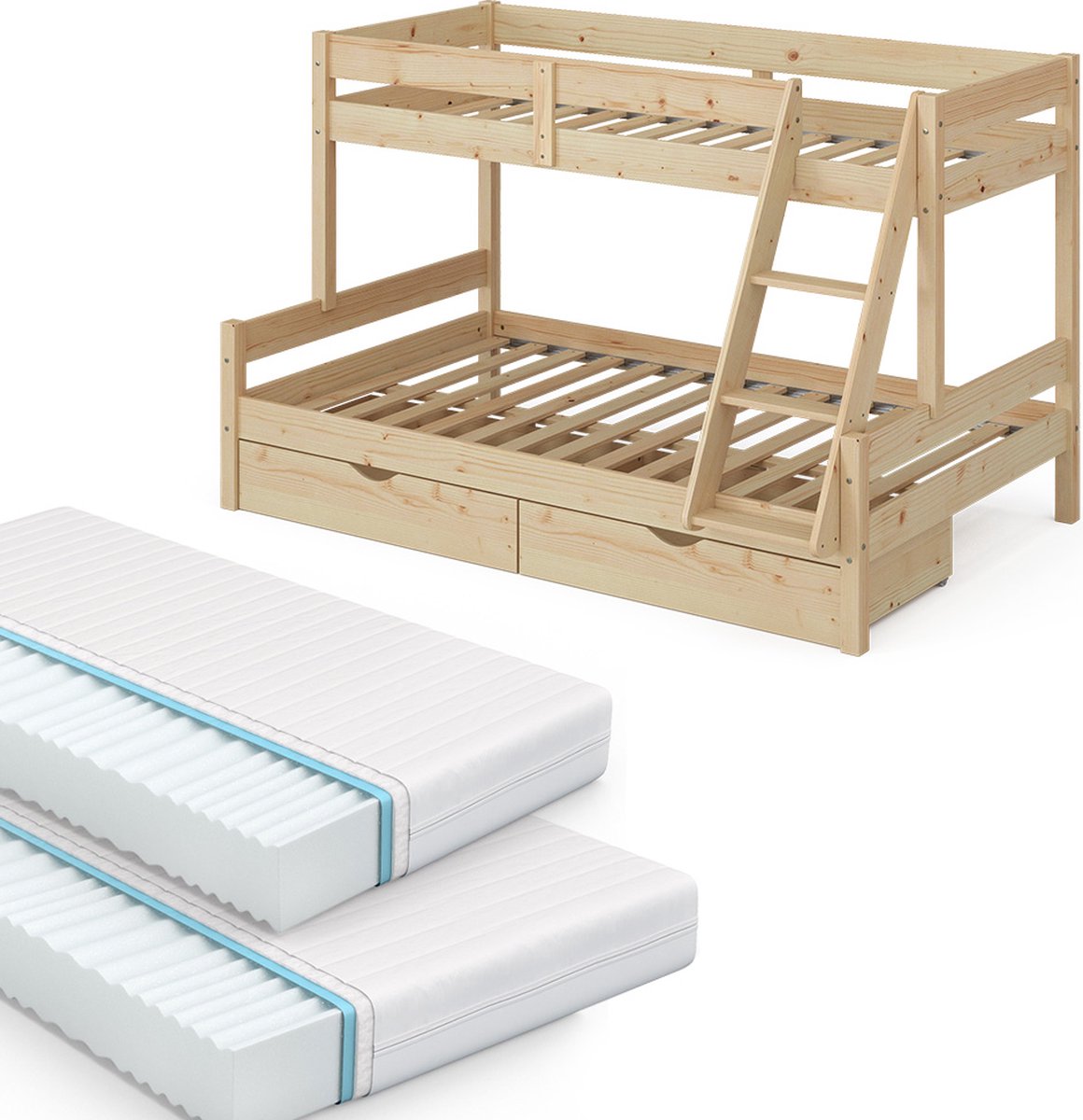 Vitalispa Everest Stapelbed – 120x200 / 80x200 cm met 2 matrassen en 2 laden Natuurlijk hout