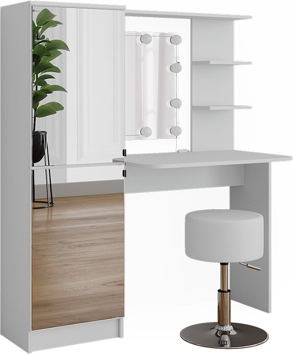 Vicco Kaptafel set met kruk Jasmin, Wit, 123 cm met spiegel, LED-lichtslinger en kruk