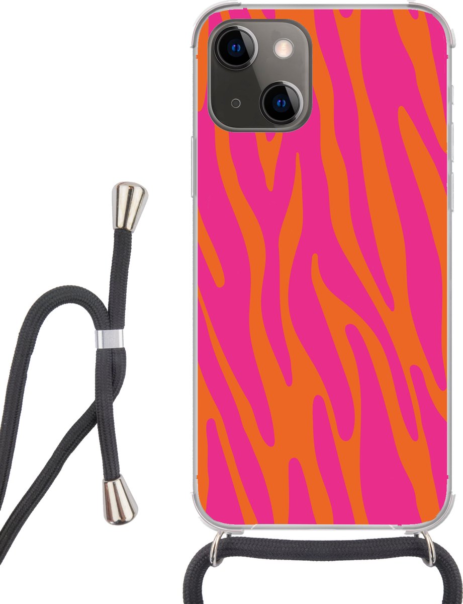 Telefoonhoesje Geschikt voor iPhone 13 Mini - Zebraprint - Roze - Oranje - Dierenprint - Siliconen - Crossbody - Backcover met Koord - Telefoonhoesje met koord - Hoesje met touw Telefoonhoesje