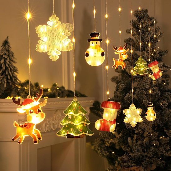BLOOMWIN Kerstverlichting, raamlichtgordijn voor binnen, 3 m, 120 leds, kerstdecoratie, verlicht met lichtketting, sneeuwvlokken, decoratie en figuren, voor raamdecoratie, Kerstmis, warm wit, USB