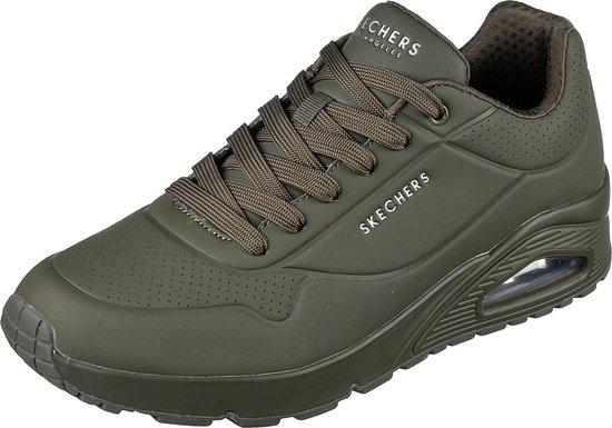 Sneaker Skechers Uno verte avec lacets, amorti air et inscription 'Skechers Los Angeles'.