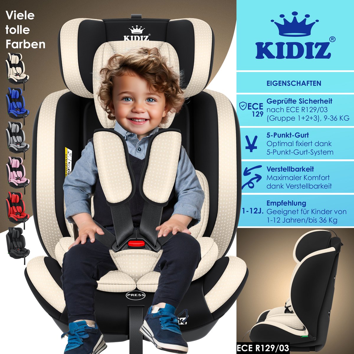 KIDIZ® kinderautostoeltje | kuip autostoeltje | 9 kg - 36 kg 1-12 jaar | groep 1/2 / 3 | universeel | goedgekeurd volgens ECE R44/04 | 6 verschillende kleuren | - Beige thumbnail 4