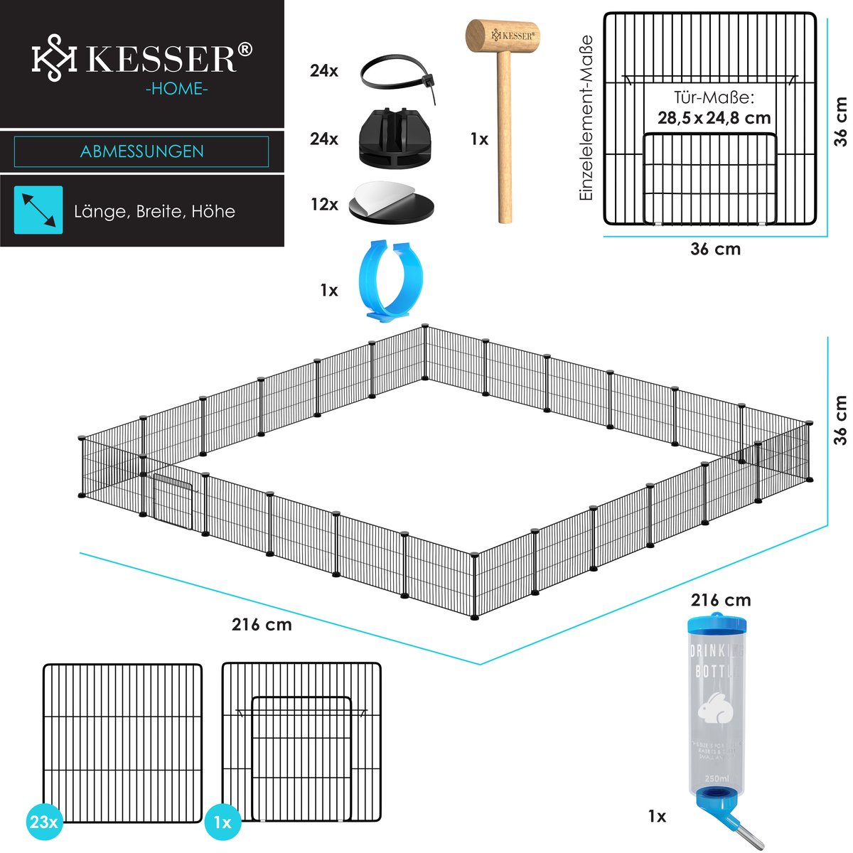 KESSER® Konijnenren - Konijnenhok - 36x216x216 cm - Binnen & Buiten - Zwart thumbnail 7
