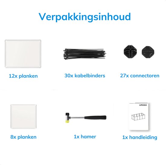Inhoud van de verpakking: planken, kabelbinders, connectoren, hamer en handleiding.