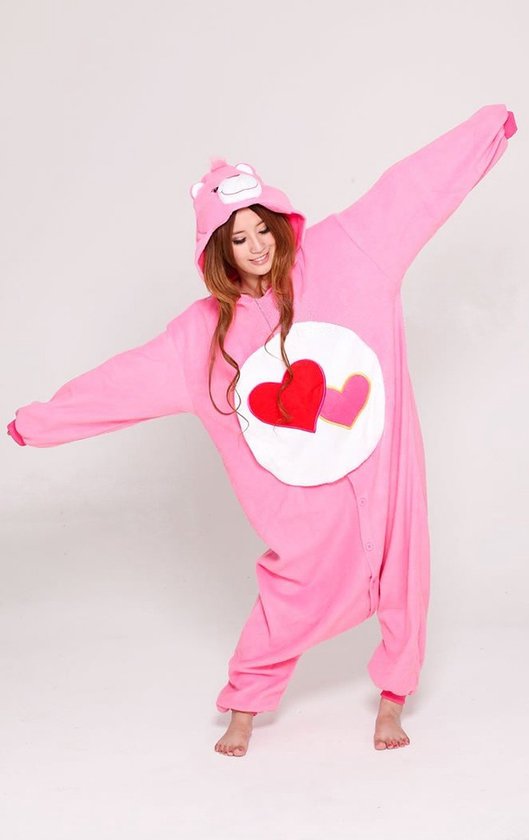 KIMU Onesie Roze Hartjes Troetelbeer Pak - Maat L-XL - Troetelberenpak Beer Kostuum Love-A-Lot - Berenpak Huispak Jumpsuit Dames Heren Carnaval Carnavalspak