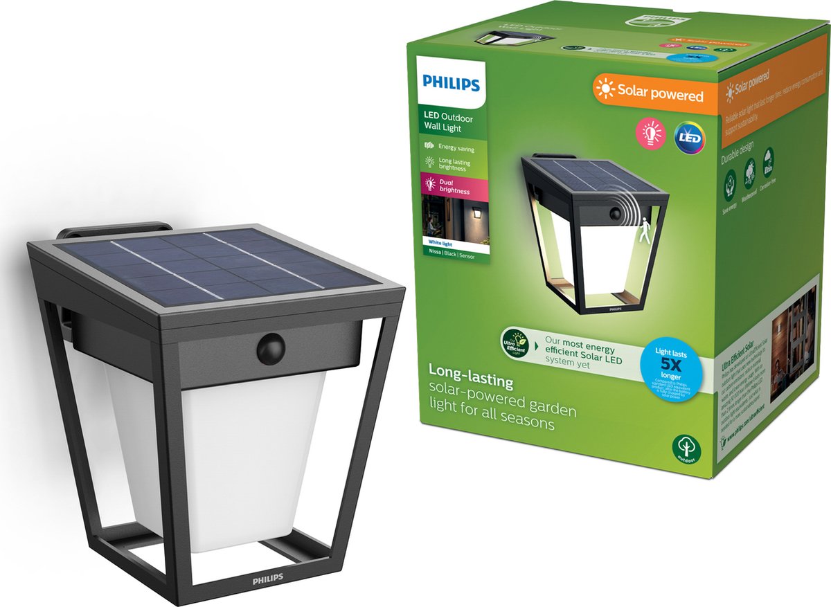 Philips Nissa wandlamp -UltraEfficient LED - Solar buitenlamp -Helder warm licht; 3000K - Zwart - Bewegingssensor - Zonne-energie - Schemersensor