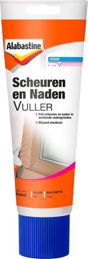 Alabastine Scheuren & Nadenvuller tube met blauwe dop. Oranje label met 'Steen' en '0-1cm'.