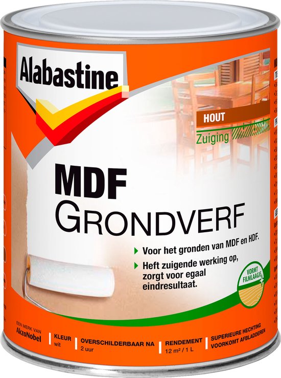 Oranje verfblik Alabastine MDF Grondverf 1L met instructies voor het gronden van MDF en HDF.