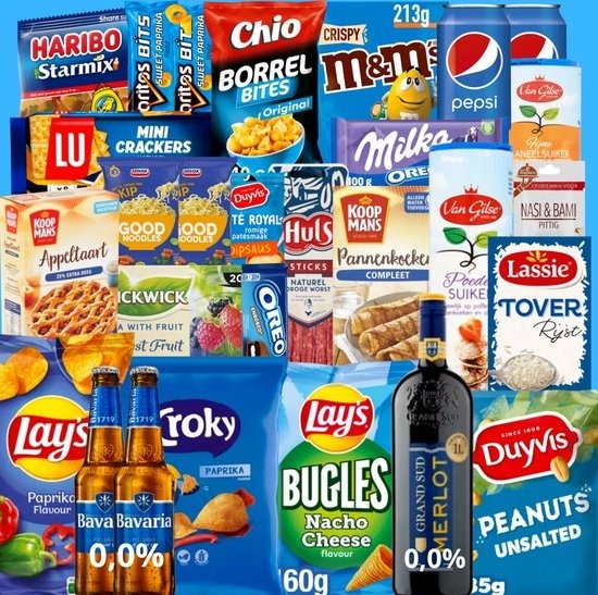 Kerstpakket thema Blauw - Voedingspakket - Relatiegeschenk - Goedgevuld - Bomvol met Eten - 30 Artikelen