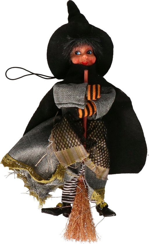 Halloween horror decoratie heksen pop op bezem - 20 cm - zwart/grijs - Versiering/feestartikelen