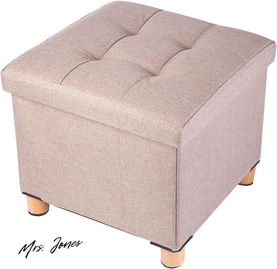 Mrs. Jones Opvouwbare opbergpoef met houten poten linnen voetenbank opbergkist met zeer elastische sponsvulling kaki 38 x 38 x 38 cm - opbergpoef - voetenbank .