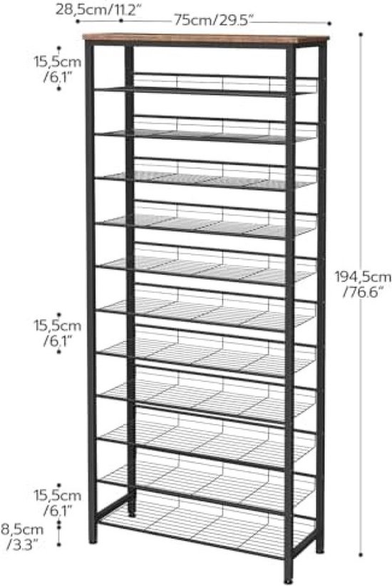 HOOBRO Schoenenrek hoog, schoenenopbergorganizer met grote capaciteit, schoenenrek met 12 niveaus voor 44-55 paar schoenen, 75 x 28,5 x 194,5 cm, Zwart en Greige EBG51XJ01 HOOBRO Schoenenrek hoog, schoenenopbergorganizer met grote capaciteit, schoenenrek met 12 niveaus voor 44-55 paar schoenen, 75 x 28,5 x 194,5 cm, Zwart en Greige EBG51XJ01