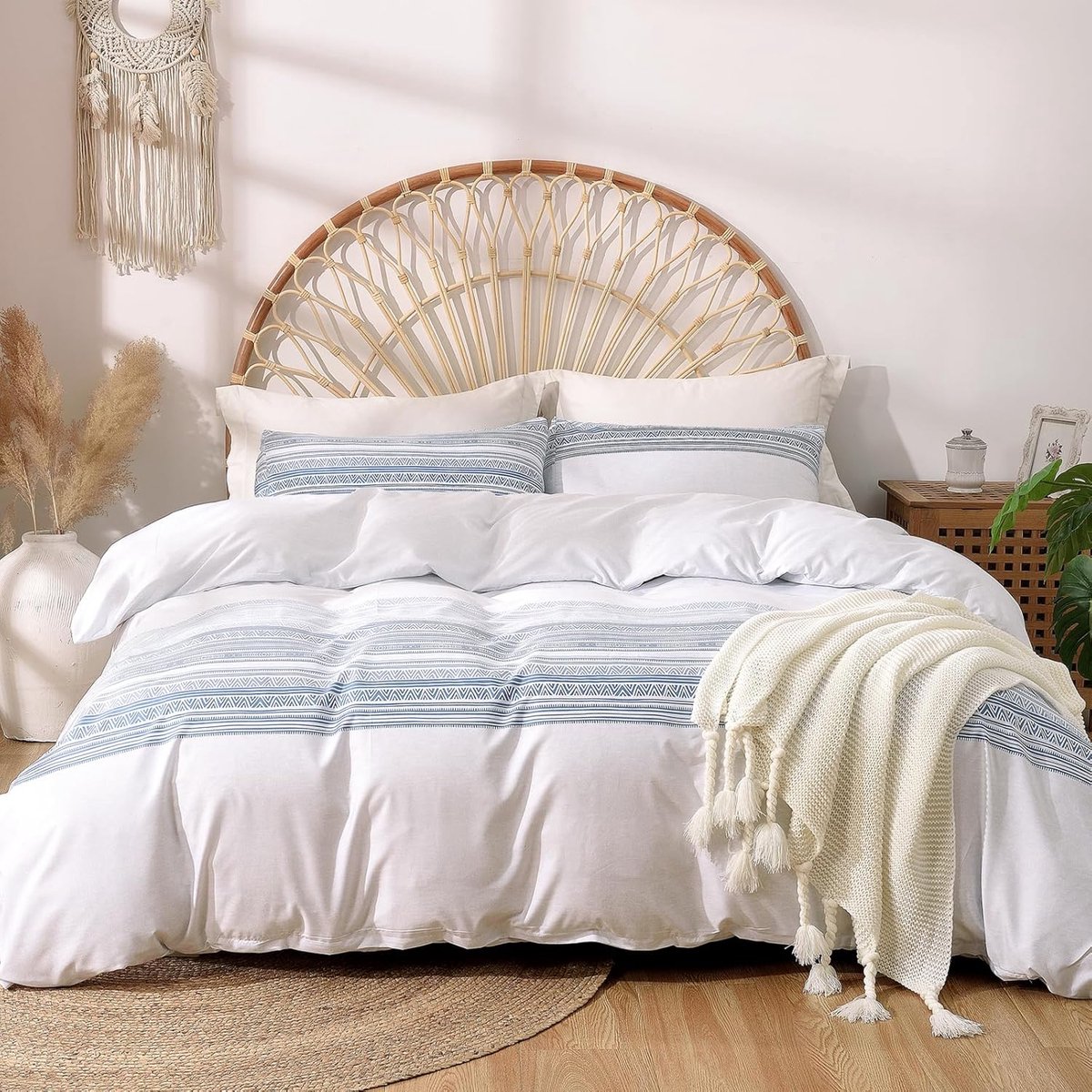Goodivery ® Bohemian Stijl Dekbedovertrek Set met Kussenslopen - 200x200 cm - Microvezel - Blauw Lijnenpatroon