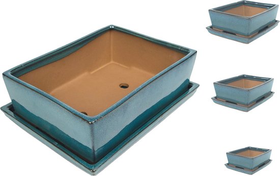 Keramische bonsai kom in verschillende maten -TURKIS - hoogwaardige bloempot met schotel/schaal - gevlamd voor binnen en buiten, ovaal - indoor/outdoor (18,5 x 14 x 5 cm