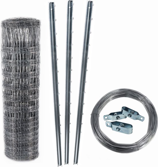 Ensemble comprenant des rouleaux de grillage argenté, trois piquets métalliques, et une bobine de fil avec serre-fils.