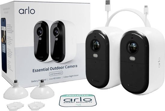 Arlo Essential 2 HD – Draadloze Beveiligingscamera Set Van 2 – Buiten – 1080p – Kleurennachtzicht – Spotlight – Sirene – 2 Jaar Batterijduur