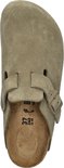 Bovenaanzicht van een lichtgroene suède Birkenstock Boston slipper met gesp.