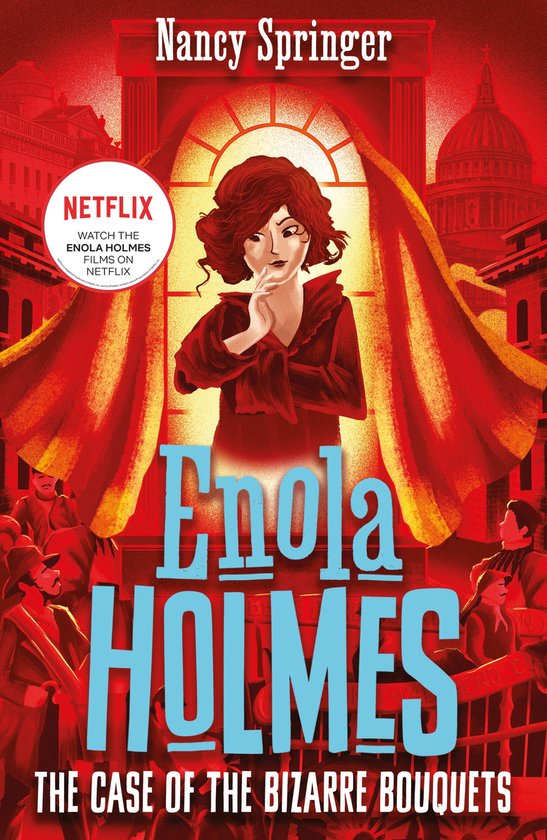 Boekomslag met Nancy Springer's 'Enola Holmes: The Case of the Bizarre Bouquets'. Enola Holmes staat voor een rood gordijn met de tekst 'Enola HOLMES' in blauwe letters.
