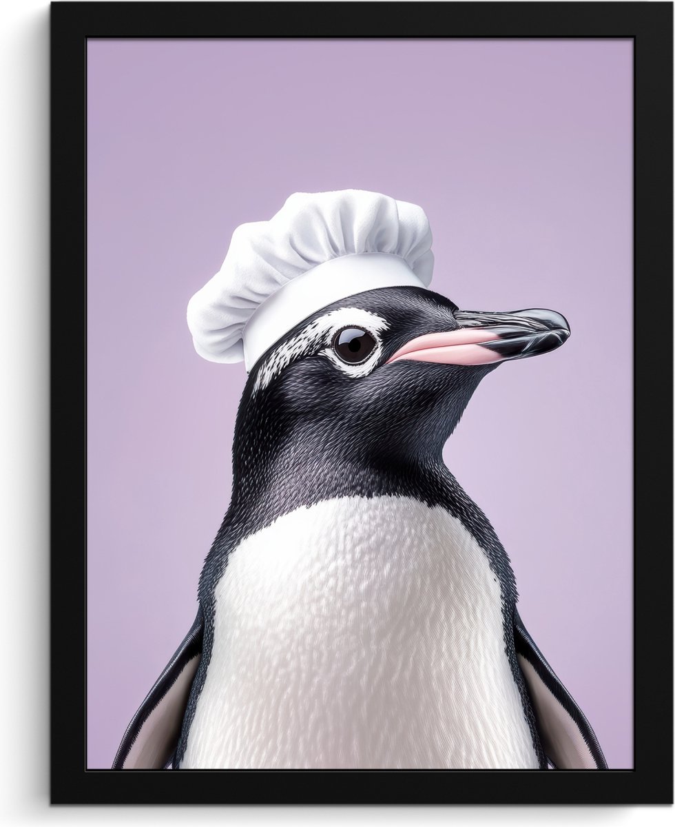 FrameYourWall Fotolijst inclusief poster - Posterlijst 30x40 cm - Posters - Pinguïn - Koksmuts - Lief - Paars - Foto in lijst - Keuken decoratie muur - Wanddecoratie accessoires - Muurdecoratie - Schilderijen Koksmuts - Pinguïn