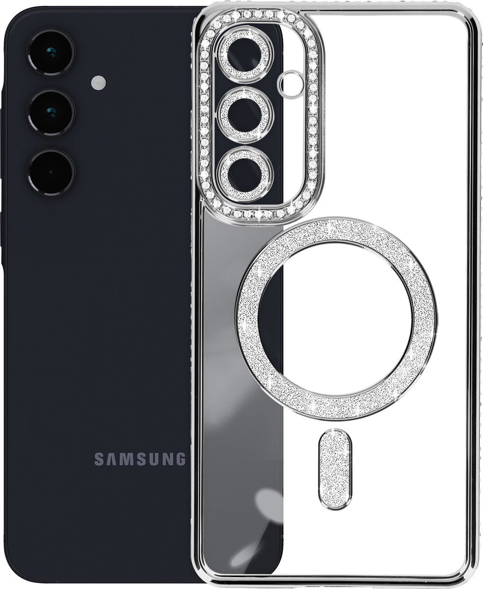 Avizar Diamond Hoesje Geschikt voor Samsung Galaxy A35 MagSafe Omtrek Strass, Zwart