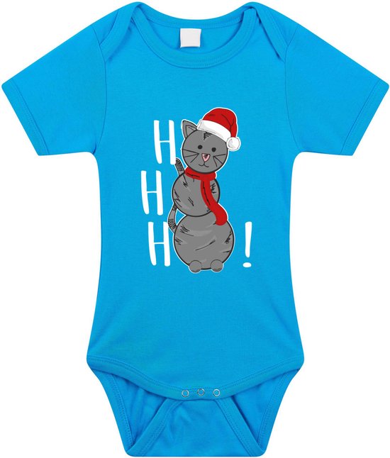 Body bébé bleu avec un chat-bonhomme de neige hivernal disant 'ho ho ho!'. Le chat porte un bonnet de Noël et une écharpe.